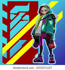 Personagem de desenhos animados bonito menina no estilo mangá cyberpunk e na moda