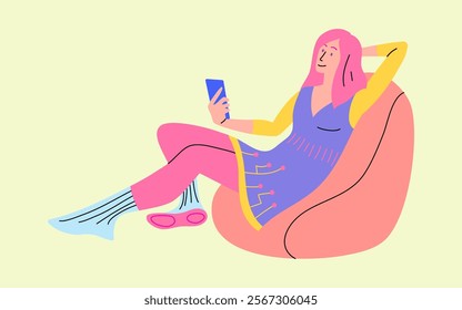 Cartoon Character Cute Girl Sitting in Sack Chair with Smartphone Concept Flat Design Style. Vector illustration