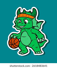 Cartoon Character of a Cute Green Dragon Playing Basketball