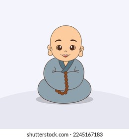 Cartoon character cute happy smiling monk sitting on floor and chanting.