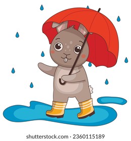 Cartoon character cute hare in rubber boots and with an umbrella, it is raining. Vector graphic.