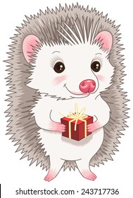 Cartoon character. Cute hedgehog holding a gift