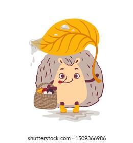 Cartoon character cute hedgehog. Vector illustration. A hedgehog is standing in yellow boots with a basket of mushrooms in his hands.