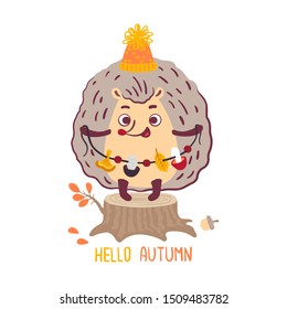 Cartoon character cute hedgehog. Vector illustration. A smiling hedgehog in a knitted hat is standing on a tree stump with a garland of mushrooms, berries and a leaf in his hands.