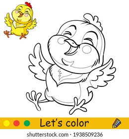 Cartoon character cute laughing chicken. Coloring book page with colorful template. Vector isolated contour illustration. For coloring book,preschool education, print, stickers, design and game