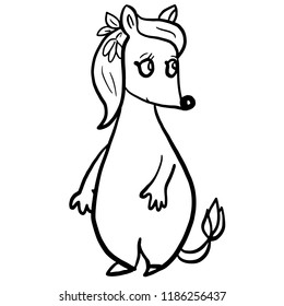 Cartoon character cute little fox with curly hair, flower in hairstyle. Big eyes, friendly face, black ink contour. Lovely animal for design, prints, t shirt, covers, surface, fabric, kids interior