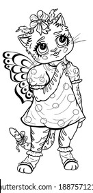 Cartoon character, cute little girl tiger with butterfly wings, with big eyes and long eyelashes, with two ponytails and bow-knot on a head, in dress in polka-dot and socks. Isolated, in full growth.
