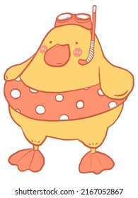 cartoon character cute little yellow duck wants to dive to the sea