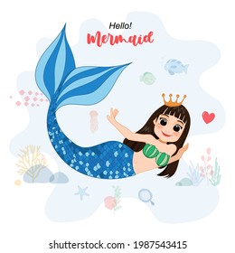 Cartoon Character with cute mermaid and sea life vector