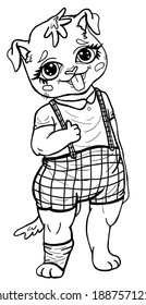 Cartoon character, cute naughty puppy with small ears and big adorable eyes, with smile and protruding tongue, in plaid shorts with suspenders, a shirt and in one sock. Isolated, full growth.