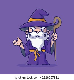 cartoon character a cute old grey haired mage holding a stick vector icon. flat cartoon style