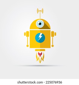 Caricatura de un robot naranja lindo aislado en gradiente gris
