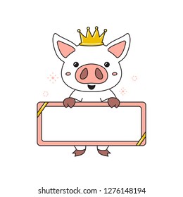 Cartoon character cute pig with blank sign for design.