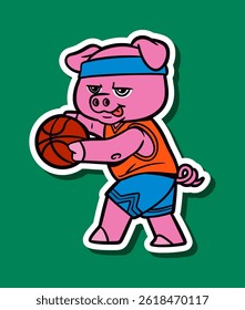 Cartoon Character of a Cute Pig Playing Basketball