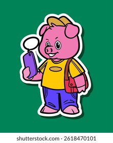Cartoon Character of a Cute Pig with Smartphone