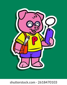 Cartoon Character of a Cute Pig with Smartphone