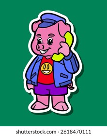 Cartoon Character of a Cute Pig Talk with Telephone