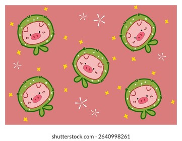 Cartoon character: Cute pink pig with green headscarf on a soft pink background 