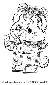 Cartoon character, cute puppy, little rottweiler in flower dress with big eyes and protruding tongue, with a flower wreath on the head and bow-knot, with earrings and collar, with ice cream in a paws.