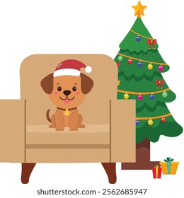 Cartoon Character of Cute Puppy Wearing Santa Hat at Sofa and Decorative Xmas Tree for Merry Christmas Festival.