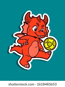 Cartoon Character of a Cute Red Dragon Playing Soccer