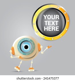 Cartoon Character Cute Robot holding banner for text. Isolated on Grey Gradient