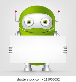 Cartoon Character Cute Robot Isolated on Grey Gradient Background. Look Out. Vector EPS 10.