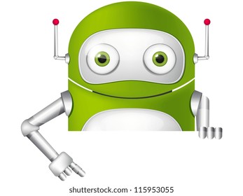 Cartoon Character Cute Robot Isolated On Grey Gradient Background. Look Out. Vector EPS 10.