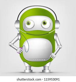 Cartoon Character Cute Robot Isolated on Grey Gradient Background. Listening to Music. Vector EPS 10.