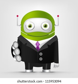 Cartoon Character Cute Robot Isolated on Grey Gradient Background. Trust. Vector EPS 10.