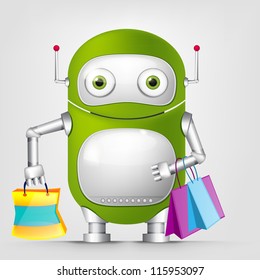 Cartoon Character Cute Robot Isolated on Grey Gradient Background. Shopping. Vector EPS 10.