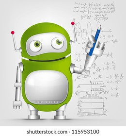 Cartoon Character Cute Robot Isolated on Grey Gradient Background. Writer. Vector EPS 10.