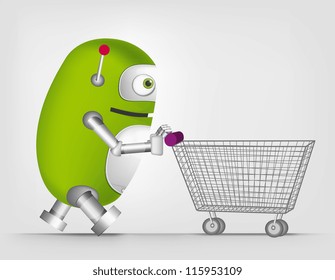 Cartoon Character Cute Robot Isolated on Grey Gradient Background. Shopping. Vector EPS 10.