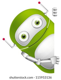 Cartoon Character Cute Robot Isolated on Grey Gradient Background. Look Out. Vector EPS 10.