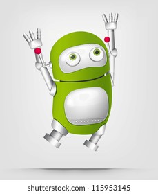 Cartoon Character Cute Robot Isolated on Grey Gradient Background. Jumping. Vector EPS 10.
