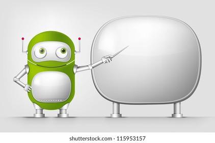 Cartoon Character Cute Robot Isolated on Grey Gradient Background. Showing. Vector EPS 10.