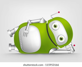 Cartoon Character Cute Robot Isolated on Grey Gradient Background. Relaxation. Vector EPS 10.