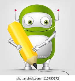 Cartoon Character Cute Robot Isolated on Grey Gradient Background. Writer. Vector EPS 10.