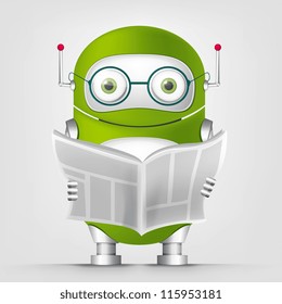 Cartoon Character Cute Robot Isolated on Grey Gradient Background. News. Vector EPS 10.