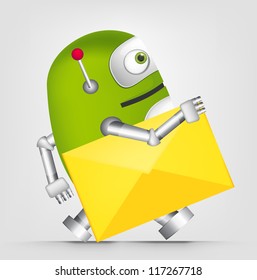 Cartoon Character Cute Robot Isolated on Grey Gradient Background. Postman. Vector EPS 10.