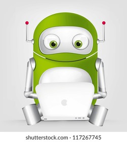 Cartoon Character Cute Robot Isolated on Grey Gradient Background. Coder. Vector EPS 10.