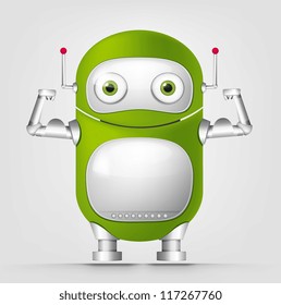 Cartoon Character Cute Robot Isolated on Grey Gradient Background. Strong. Vector EPS 10.