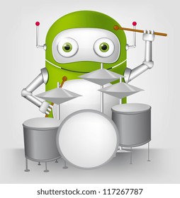 Cartoon Character Cute Robot Isolated on Grey Gradient Background. Drummer. Vector EPS 10.