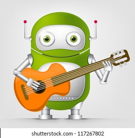 Cartoon Character Cute Robot Isolated on Grey Gradient Background. Guitarist. Vector EPS 10.