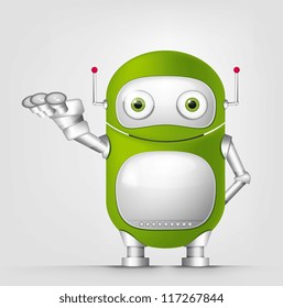 Cartoon Character Cute Robot Isolated on Grey Gradient Background. Empty hand. Vector EPS 10.