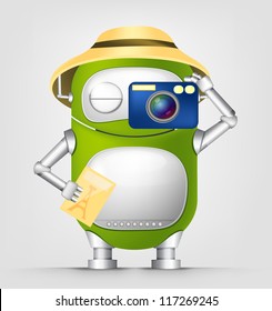 Cartoon Character Cute Robot Isolated on Grey Gradient Background. Tourist Photographer. Vector EPS 10.