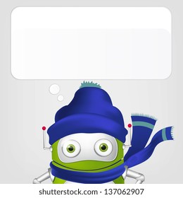 Cartoon Character Cute Robot Isolated on Grey Gradient Background. Skiing. Vector EPS 10.