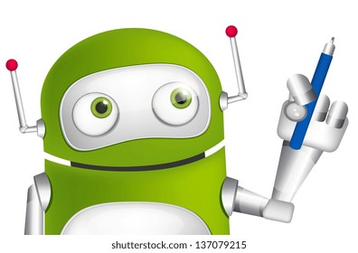 Cartoon Character Cute Robot Isolated on Grey Gradient Background. Writer. Vector EPS 10.