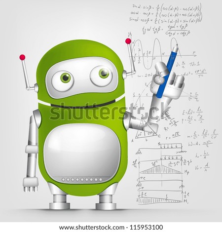 Cartoon Character Cute Robot Isolated on Grey Gradient Background. Writer. Vector EPS 10.