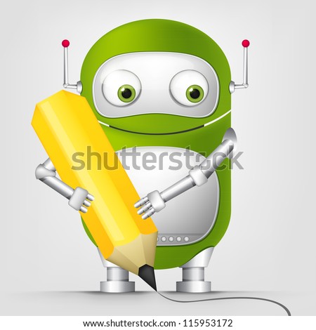 Cartoon Character Cute Robot Isolated on Grey Gradient Background. Writer. Vector EPS 10.